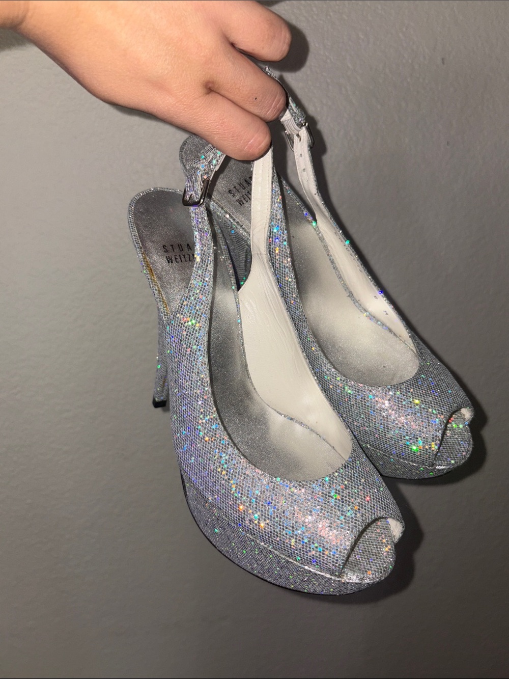 Vintage Stuart Weitzman Silver Glitter Peep-Toe Slingback Heels